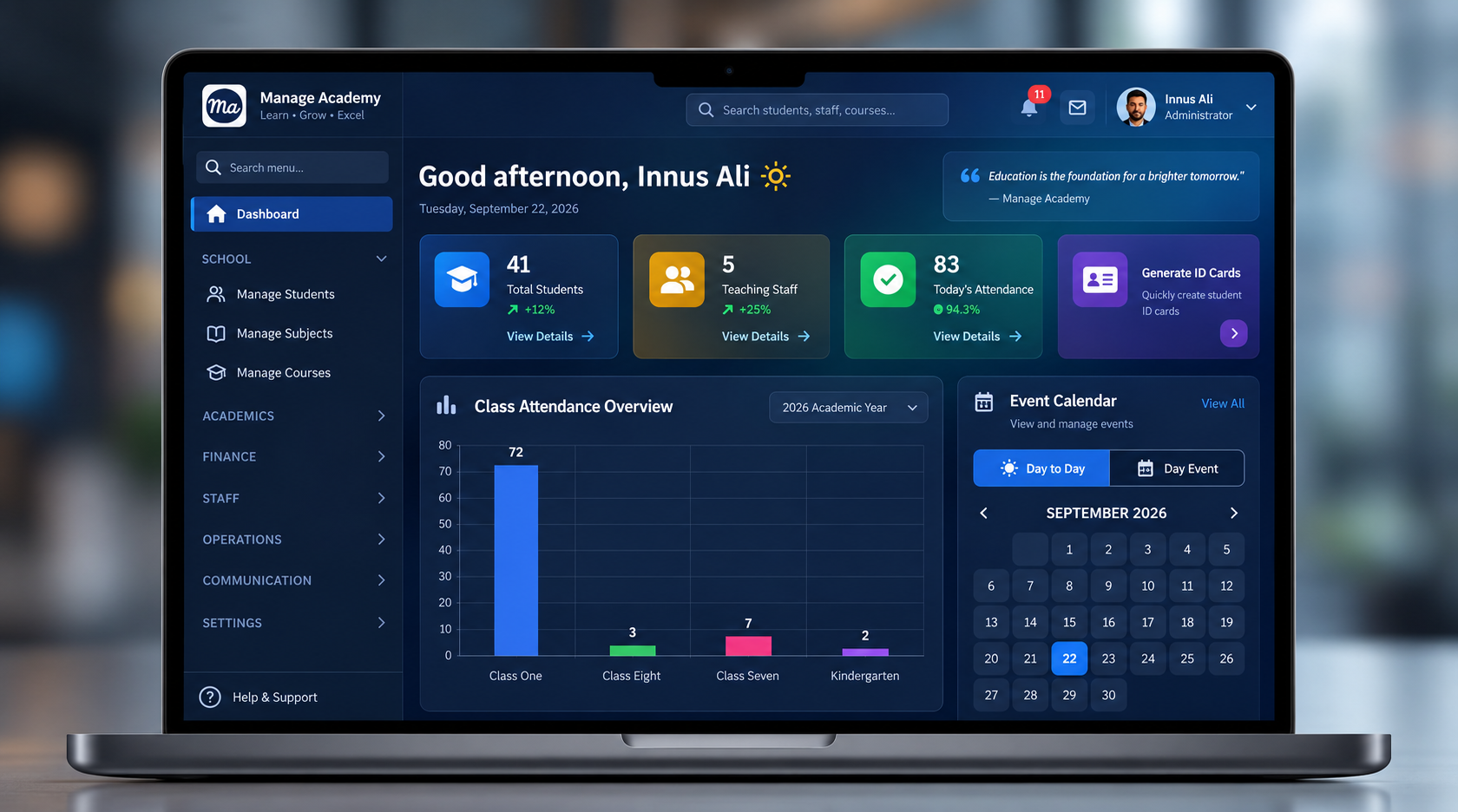 Manage Academy ERP Administrative Dashboard